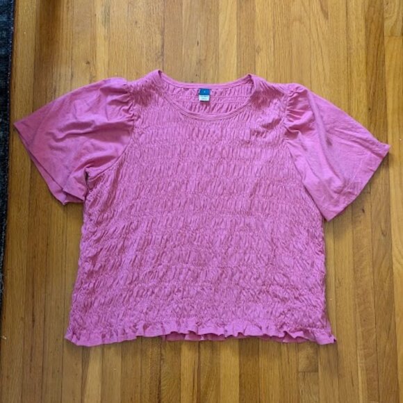 OLD NAVY Women Sz L Shirt Pink Smocked Puffed Flutter Short Sleeves Cotton - Picture 1 of 3